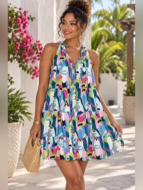 Colorful Abstract Print Flowy Tiered Tie Front Mini Dress Size Medium